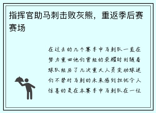 指挥官助马刺击败灰熊，重返季后赛赛场