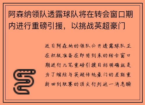 阿森纳领队透露球队将在转会窗口期内进行重磅引援，以挑战英超豪门