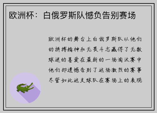 欧洲杯：白俄罗斯队憾负告别赛场